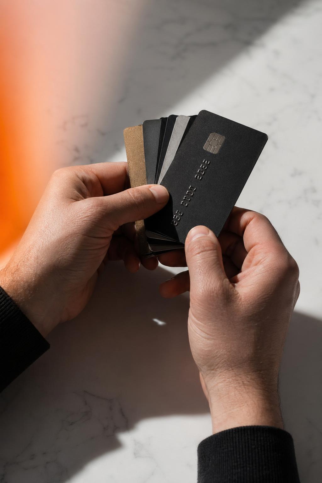 Hands holding multiple premium cards