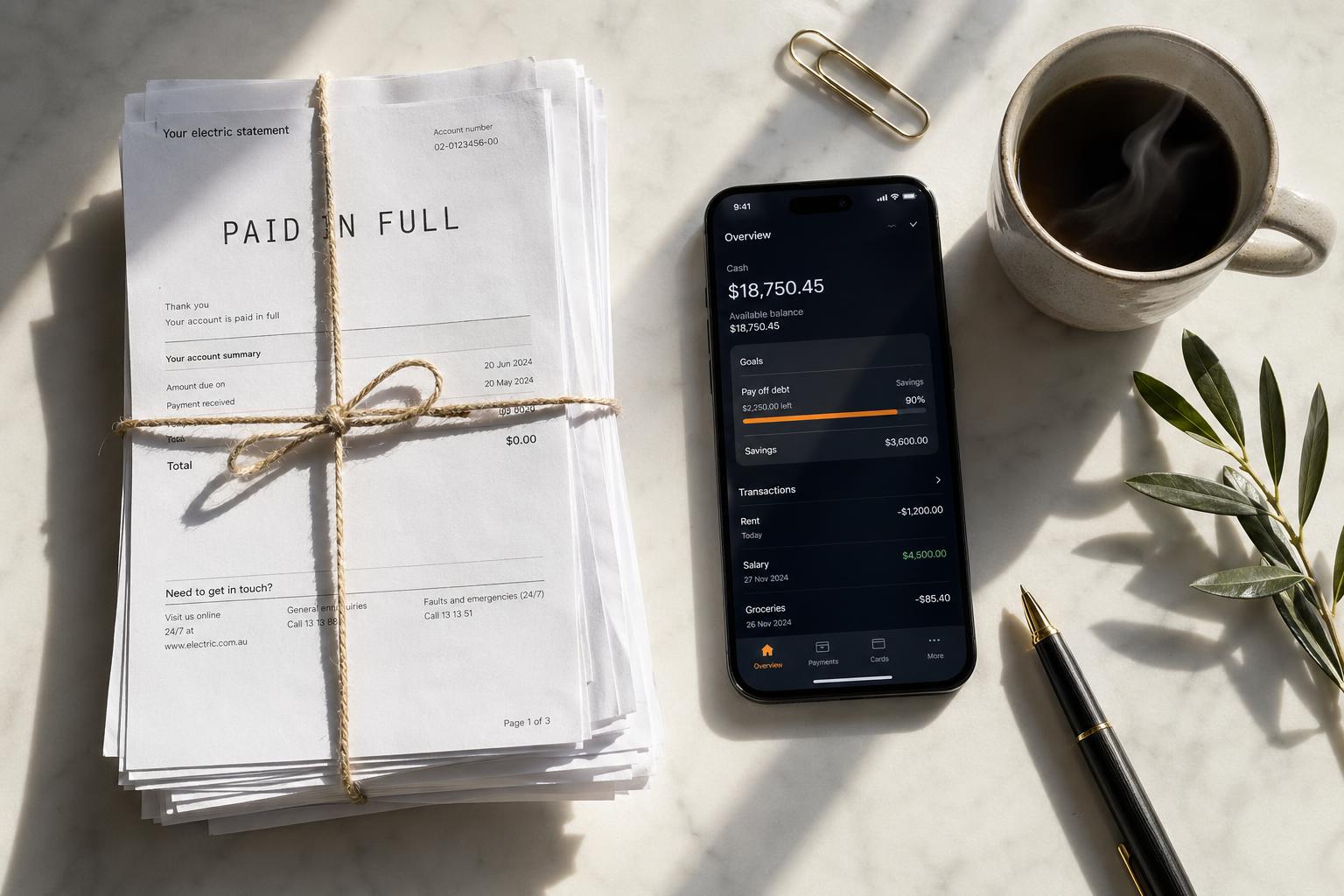 Bills marked Paid in Full beside a clean banking dashboard