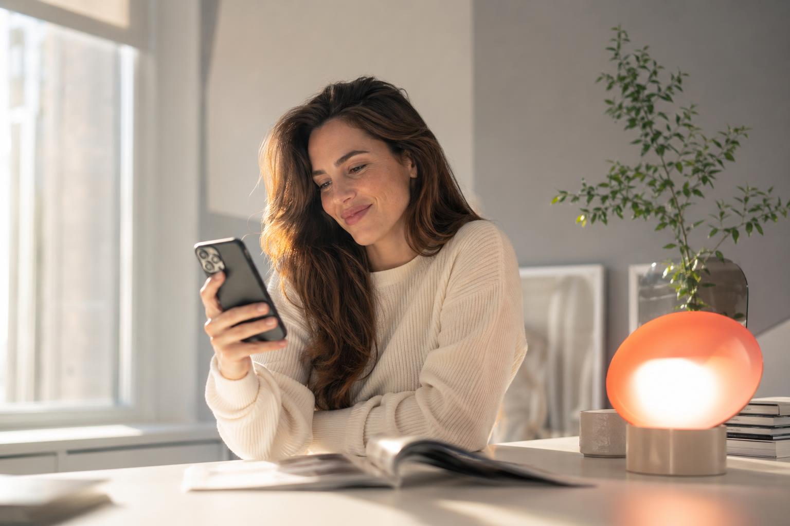 Woman reviewing personal loan options on her phone in a sunlit modern home